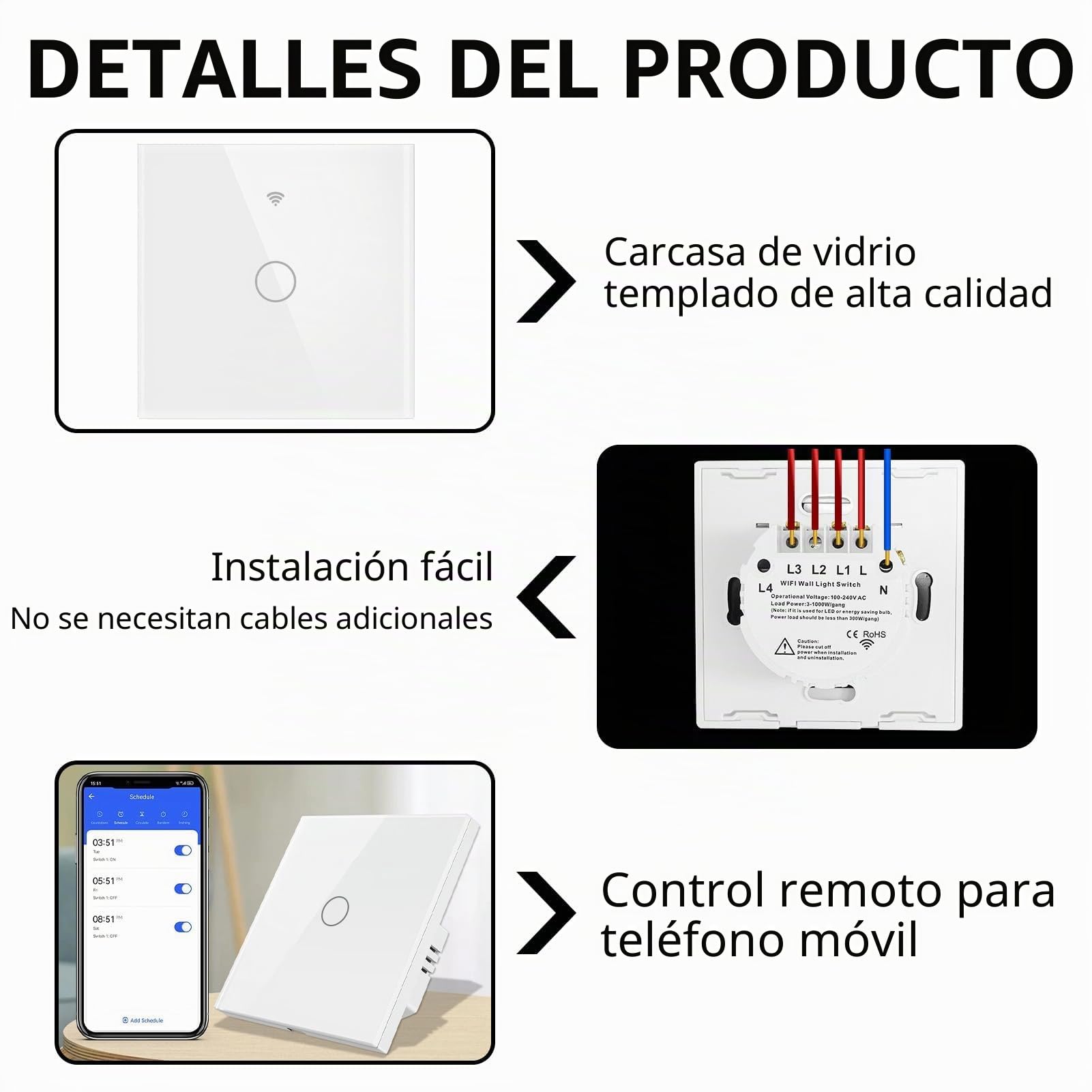 Interruptor Inteligente WIFI Interruptor Tactil luz pared 1 Gang Interruptor Pared WIFI Compatible con Alexa,Tuya y Smart Life Smart, Interruptor Lampara Smart Interruptor Lampara Pared Tactil Vidrio