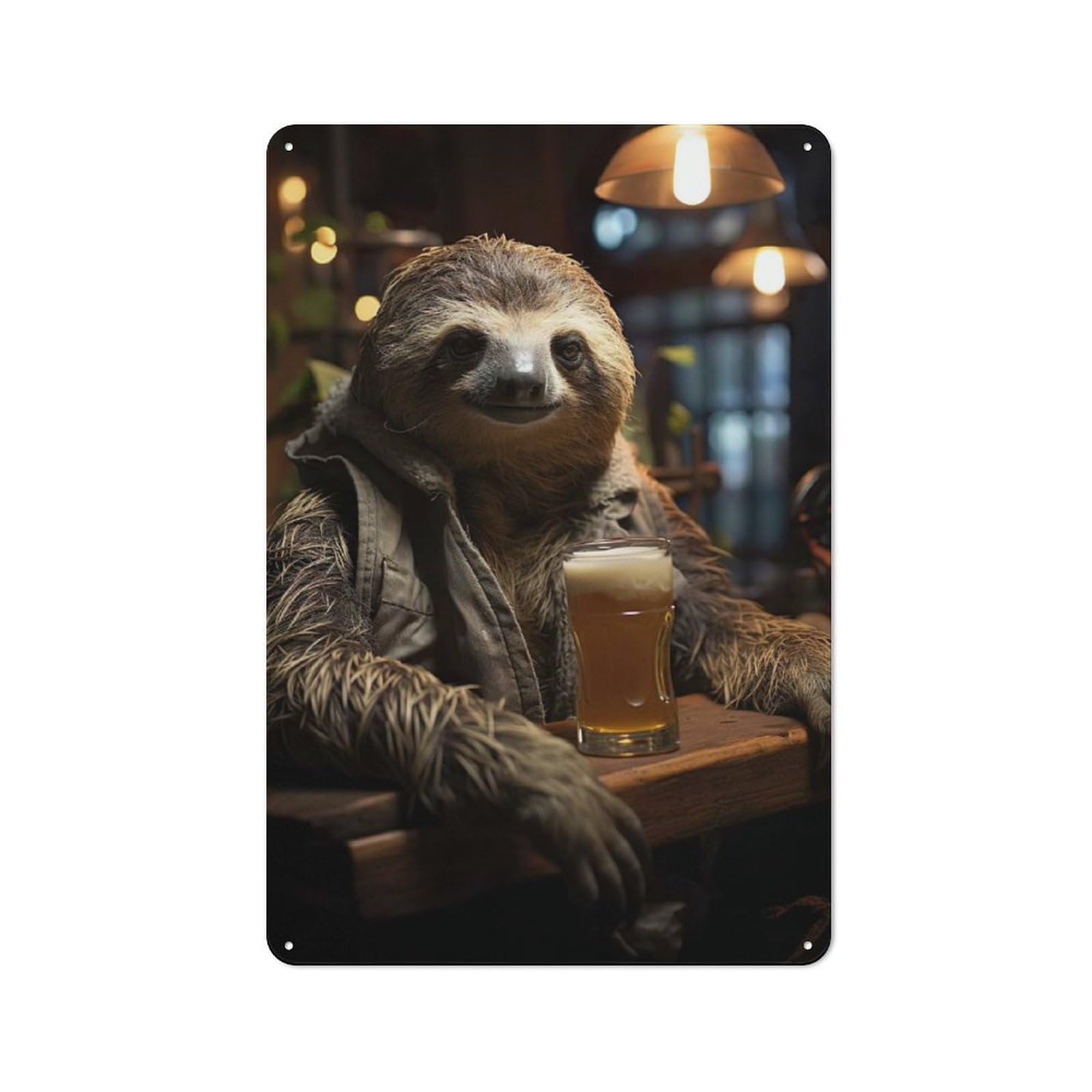 Junmoney Sloth Sipping Beer Art Rustic Tin Wall Plaque 30X20cm For Garage Or Workshop, For Home Interiors, Feature Walls And Decorative Displays