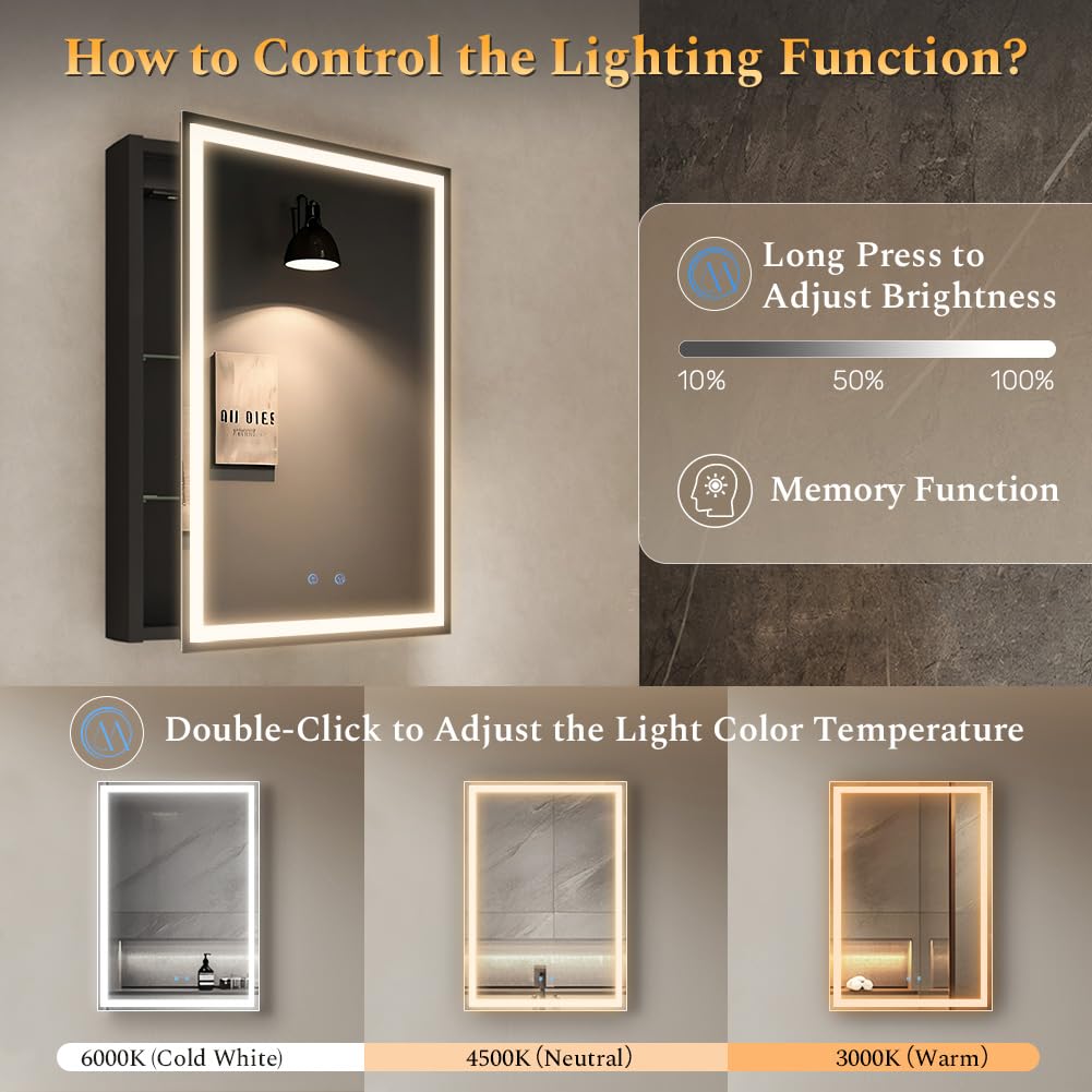 Armoire à Pharmacie Miroir LED modulaire Avec Cadre en Aluminium Anti-buée, éclairage réglable, Prises intégrées et Ports USB – à Fixer au Mur (20x28 Armario con bisagra Derecha LED)