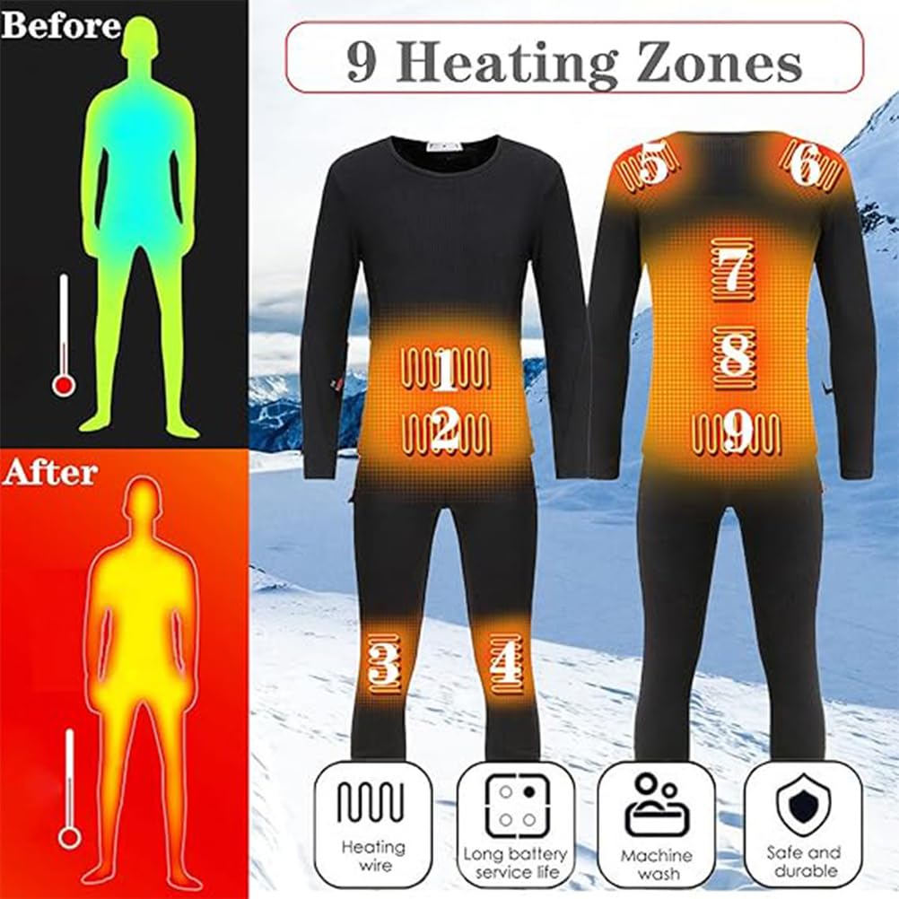 Conjunto de Ropa Interior Térmica Calefactable USB para Hombre y Mujer, Incluye Pantalón y Camiseta Térmica con 9 Zonas de Calefacción y Forro Polar,Gris,M