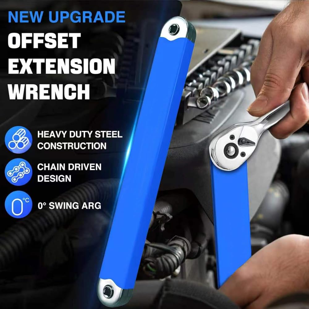 Clé D'extension Décalée,Angle Fix Pro Outil,Cle Extension Decalee Avec jeu d'embouts de tournevis,Adaptateurs Carrés de 1/2", 1/4" et 3/8", Douille D'entraînement, Clé à Cliquet pour Petits Espaces