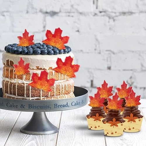 Miniatura 2 de Morofme 50 piezas comestibles de hojas de otoño para cupcakes, hojas de arce, decoración comestible de hojas doradas, papel de oblea, hojas de
