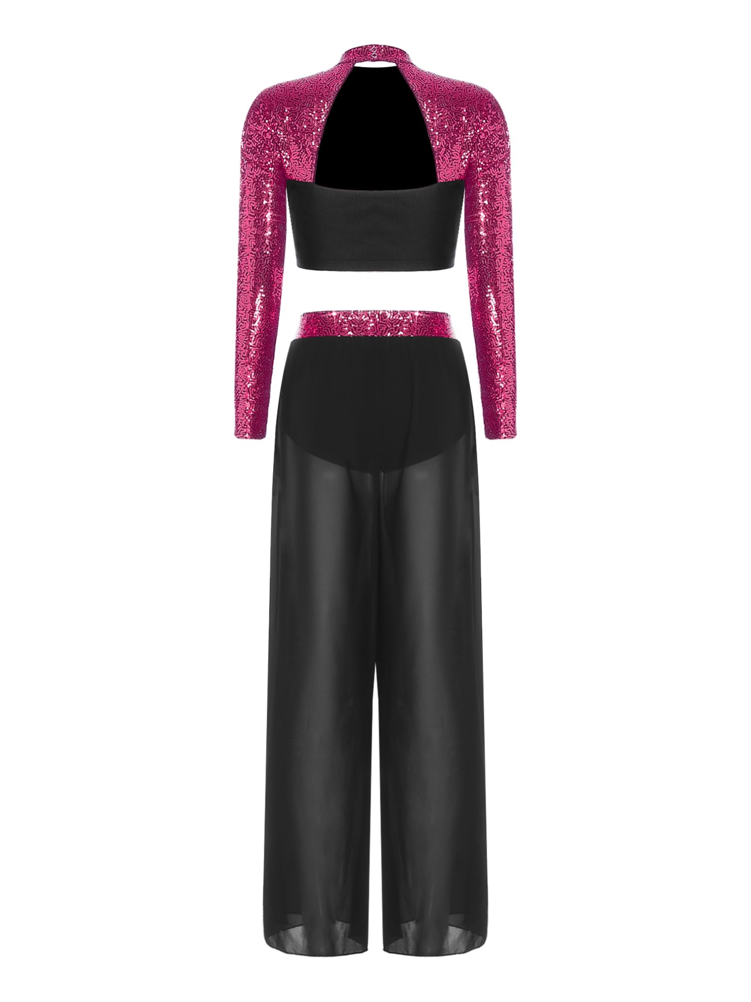iiniim Traje de Baile Lentejuelas para Mujer con Crop Top de Manga Larga y Pantalones Traje de Gimnasia Rítmica Conjunto de Baile Lírico S-XXL