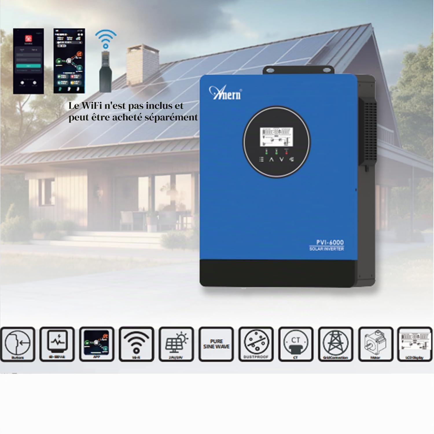 Anern Onduleur Solaire 6KW 220V-240V CA intégré 2 MPPT Fonction CT Convertisseur,Impossible de Connecter la Batterie Peut Connecter Un Moteur 3P ou Une Pompe à Eau,Tension MPPT 60-450V CC