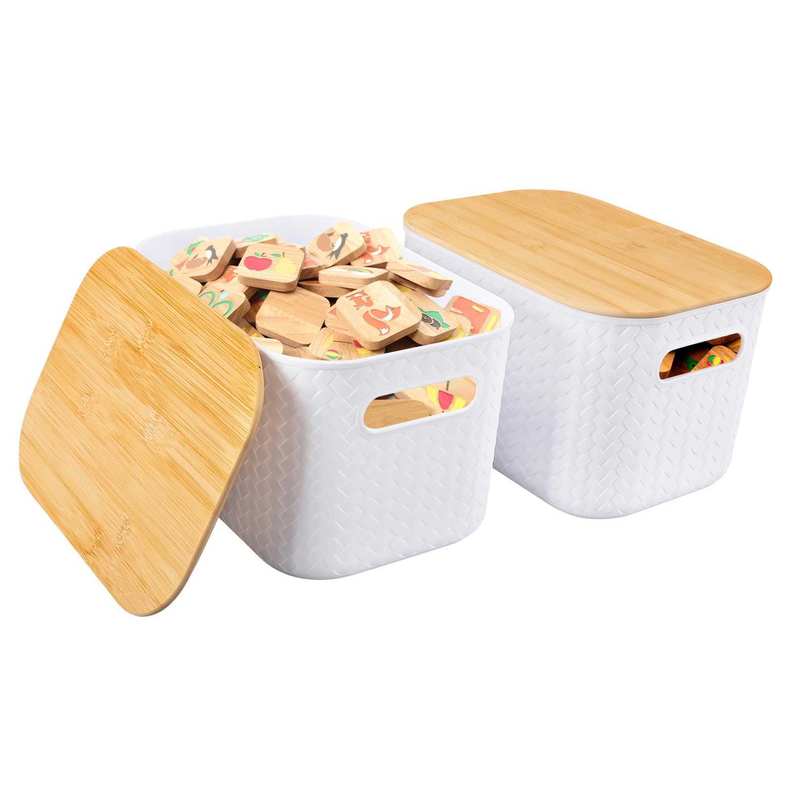 BlyeMichdi Juego de 2 Cajas de Almacenamiento con Tapa de Bambú, 7L Cestas Almacenaje Cocina, 25.5 * 18 * 15CM Cestas Almacenaje de Plástico con Asas, Cajas Apilables de Alta Carga con Tapa(Blanco)
