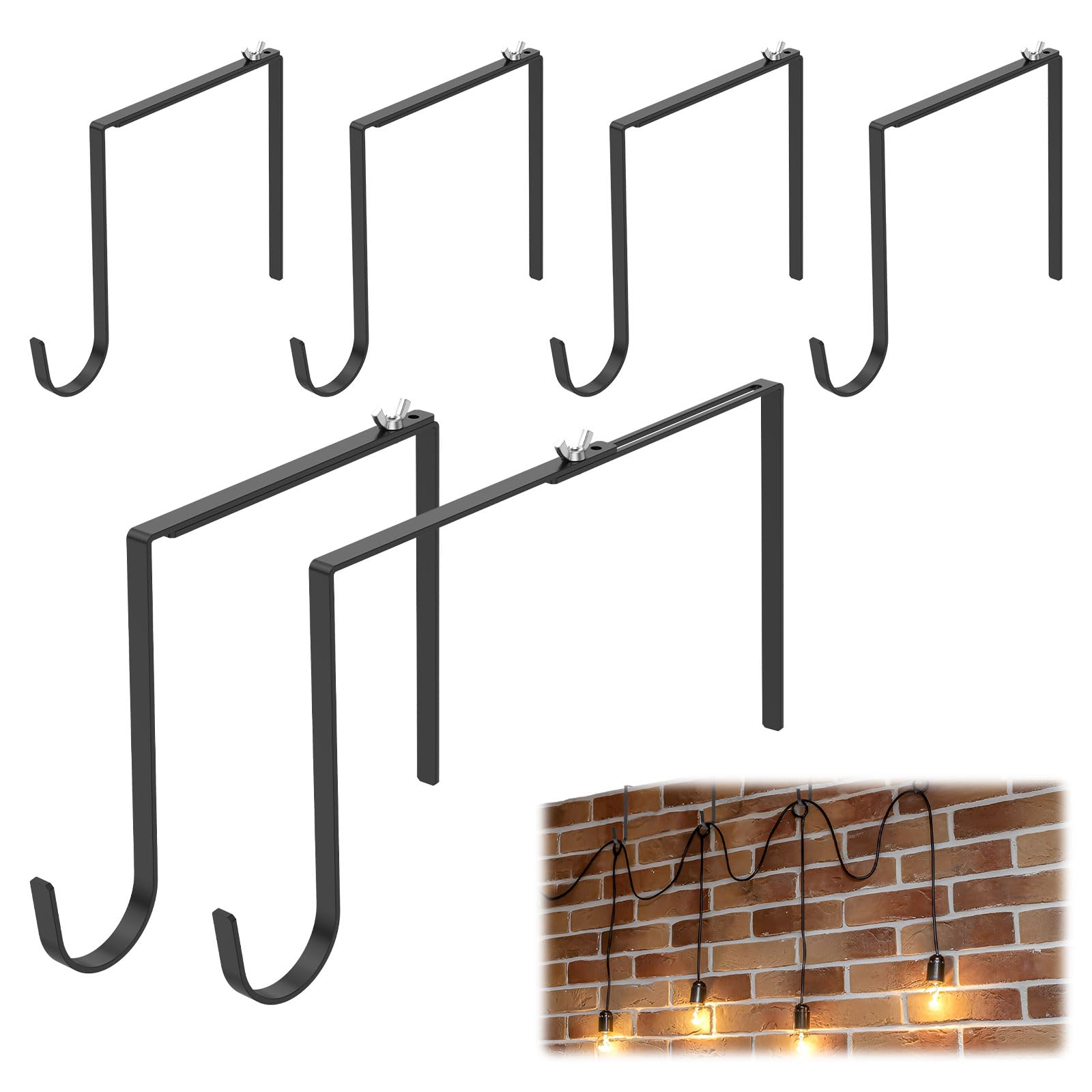 Ghshanog 6Pcs Outdoor No Drill String Light Hooks,6-11 inch Adjustable Wall Hooks for Hanging Fairy Lights,Carbon Steel Garden Hook for Christmas, Festival,Patio, and Fence Decorations