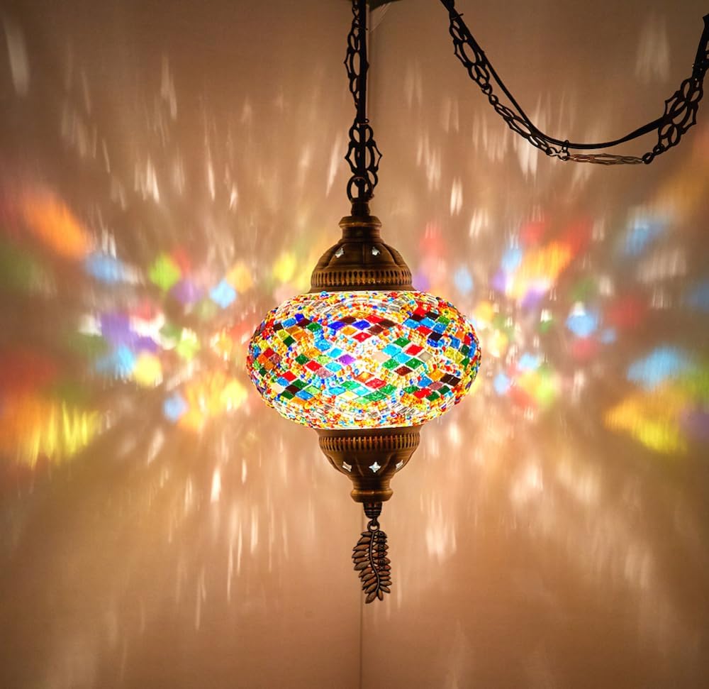 Authentic Turkish Mosaic Plug-in Swag Pendant Light Fixture, Large 6.5" Globe – Moroccan Hanging Ceiling Lamp - 15ft Cord & Chain, US/CA Plug, Exotic Mediterranean Decor, Handmade