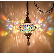 DEMMEX Authentic Turkish Mosaic Plug-in Swag Pendant Light Fixture, Large 6.5" Globe &ndash; Moroccan Hanging Ceiling Lamp - 15ft Cord &amp; Chain, US/CA Plug, Exotic Mediterranean Decor, Handmade