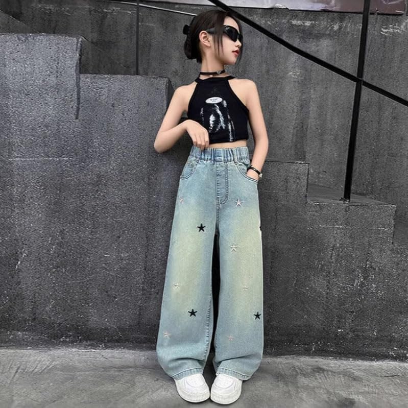 4-10T Little Big Girls Jeans, Star Print Elastic Waist Jeans Wide Leg Cute Denim Pants4
