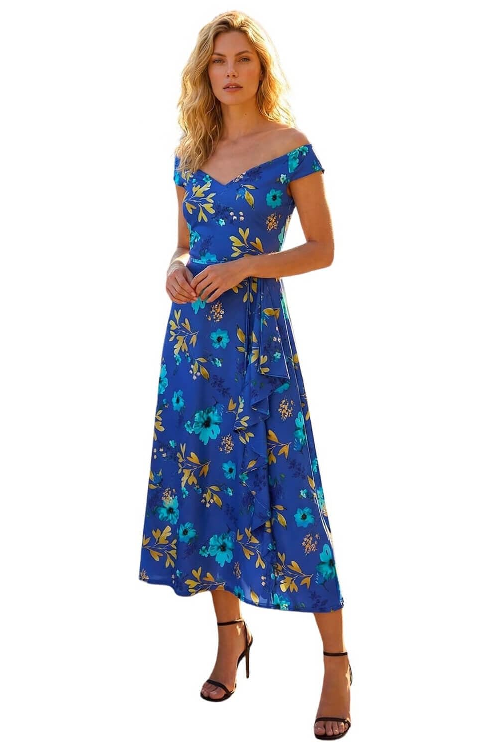 Roman Floral Print Bardot Ruffle Dress, Blue, Size 14, Women