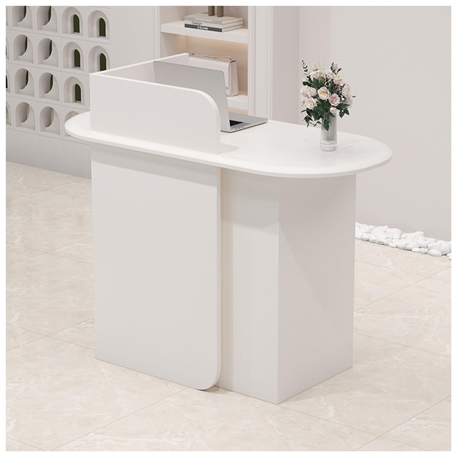 Scrivania per la reception per negozio di abbigliamento, con serratura, contatore registratore di cassa con cassetti, spazioso tavolo con gestione dei cavi, impermeabile e design
