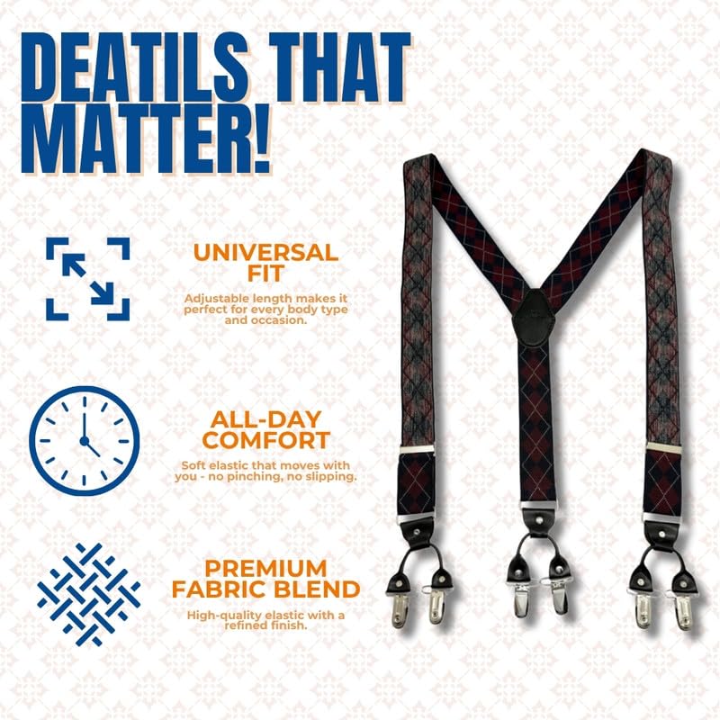 Image of The Tie Hub Suspenders for Men | Slim Clip-On Y-Back Elastic Braces | Adjustable 1.25 Inch | Formal Wedding Office