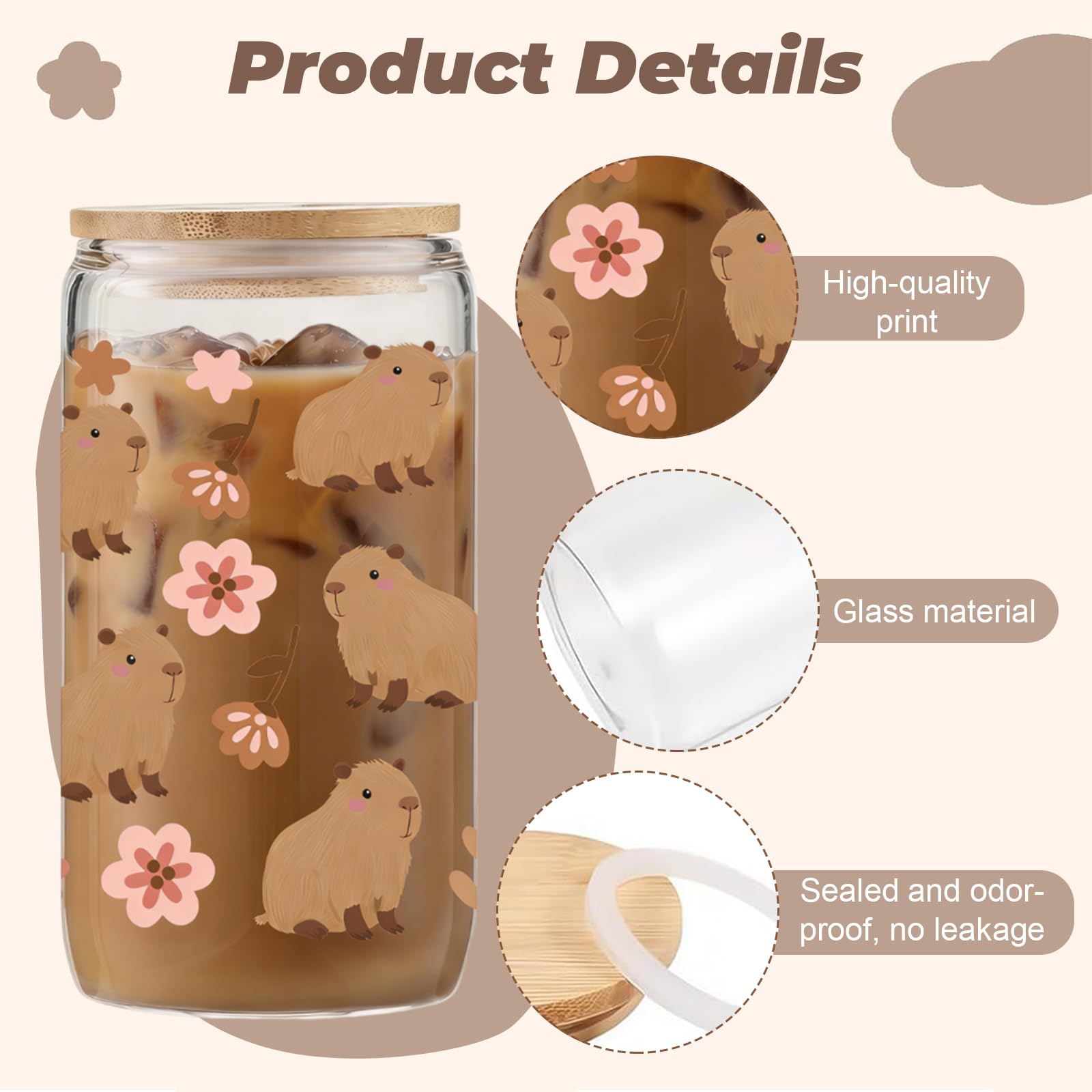 Capybara Tazza, Bicchiere con Coperchio E Cannuccia, Motivo Capybara E Fiori, Vetro A Tema Animale per caffè, Contenuto 470ML, Bicchiere Cartoon(B)