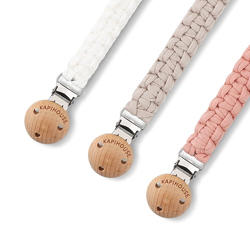 Miniatura 4 de Clip para chupete para niña de 9.2 pulgadas, correas para chupete de madera, clips de madera, juguete de dentición con algodón trenzado hecho a