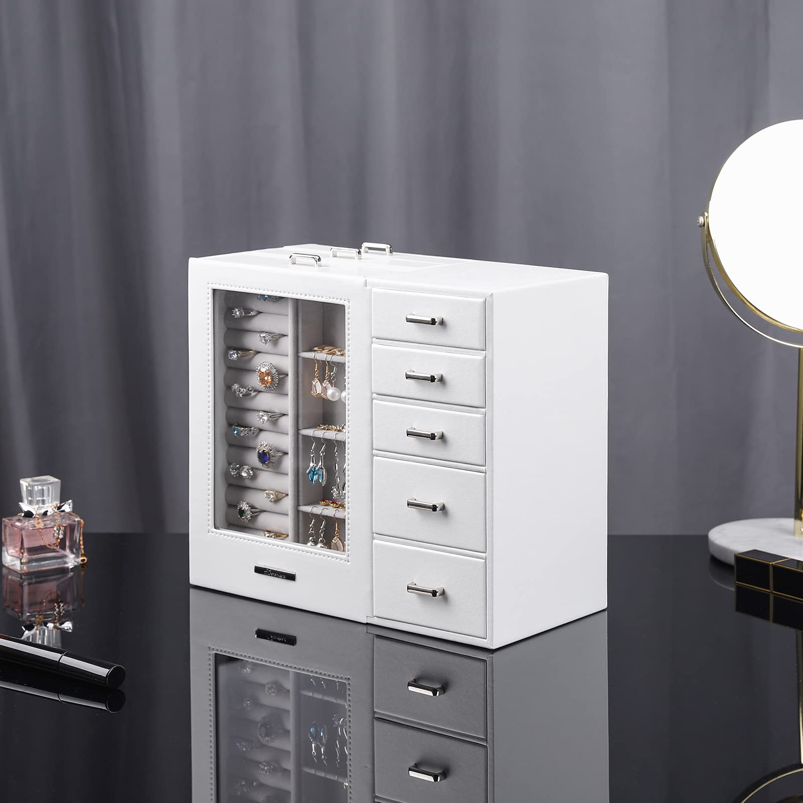 Joyero Grande con Vitrina para Mujer: 8 Cajones para Joyas | Organiza Collares Anillos Relojes y Pendientes-Tocador y Dormitorio-Frontal de Cristal para una Selección Rápida-Blanco