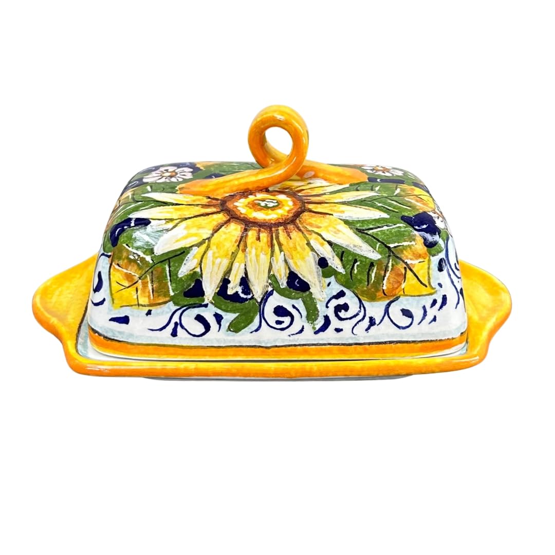 CERAMICHE D'ARTE PARRINI- Italian Ceramic Butter Dish Hand Painted Decorated Sunflower Made in ITALY Tuscan Art Pottery