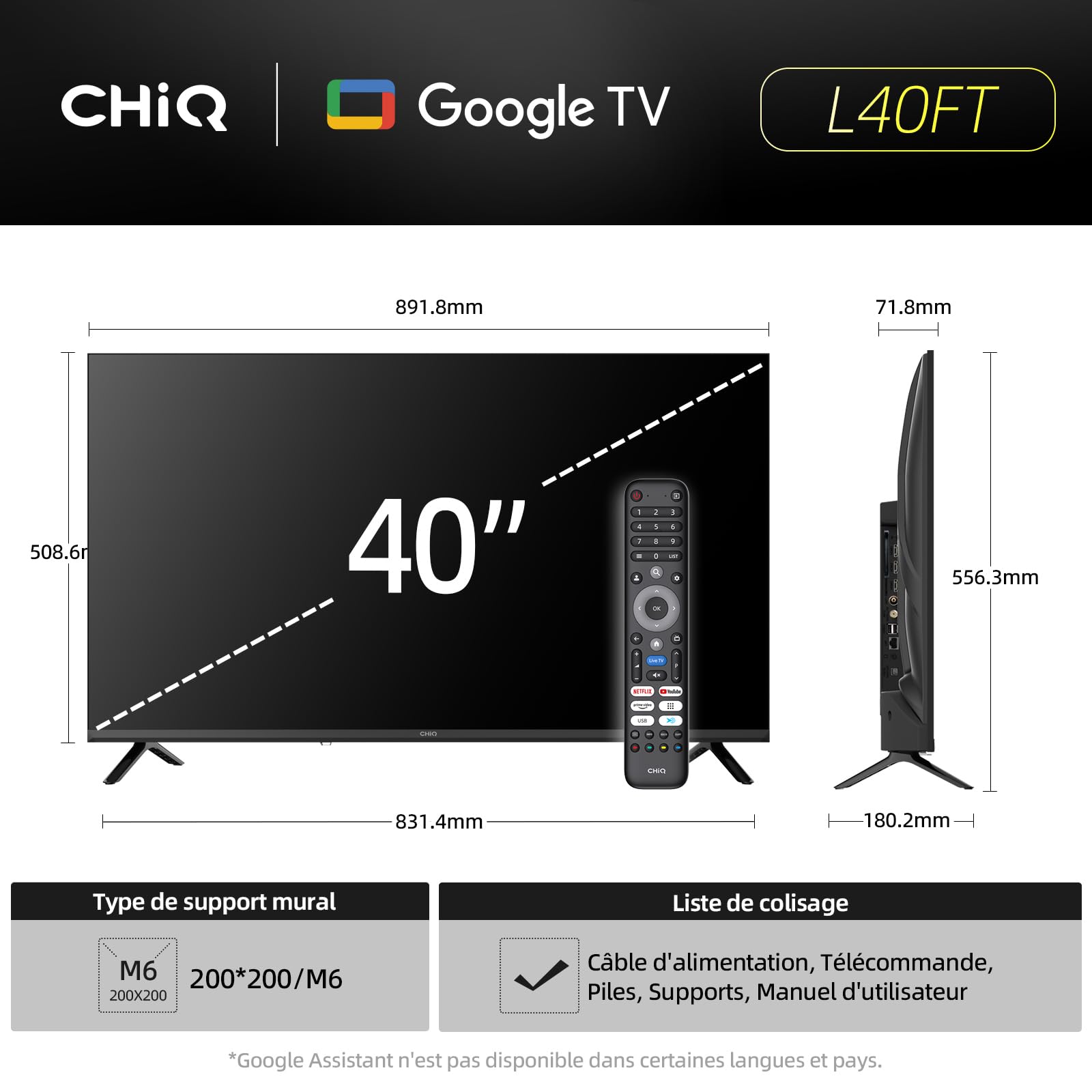CHIQ L40FT Smart TV 40" (100 cm), Full HD, HDR10, Google TV OS, Audio Dolby & DBX-TV, Tuner Triple DVB-C/T/T2/S/S2, Chromecast Intégré, Design Métal sans Cadre