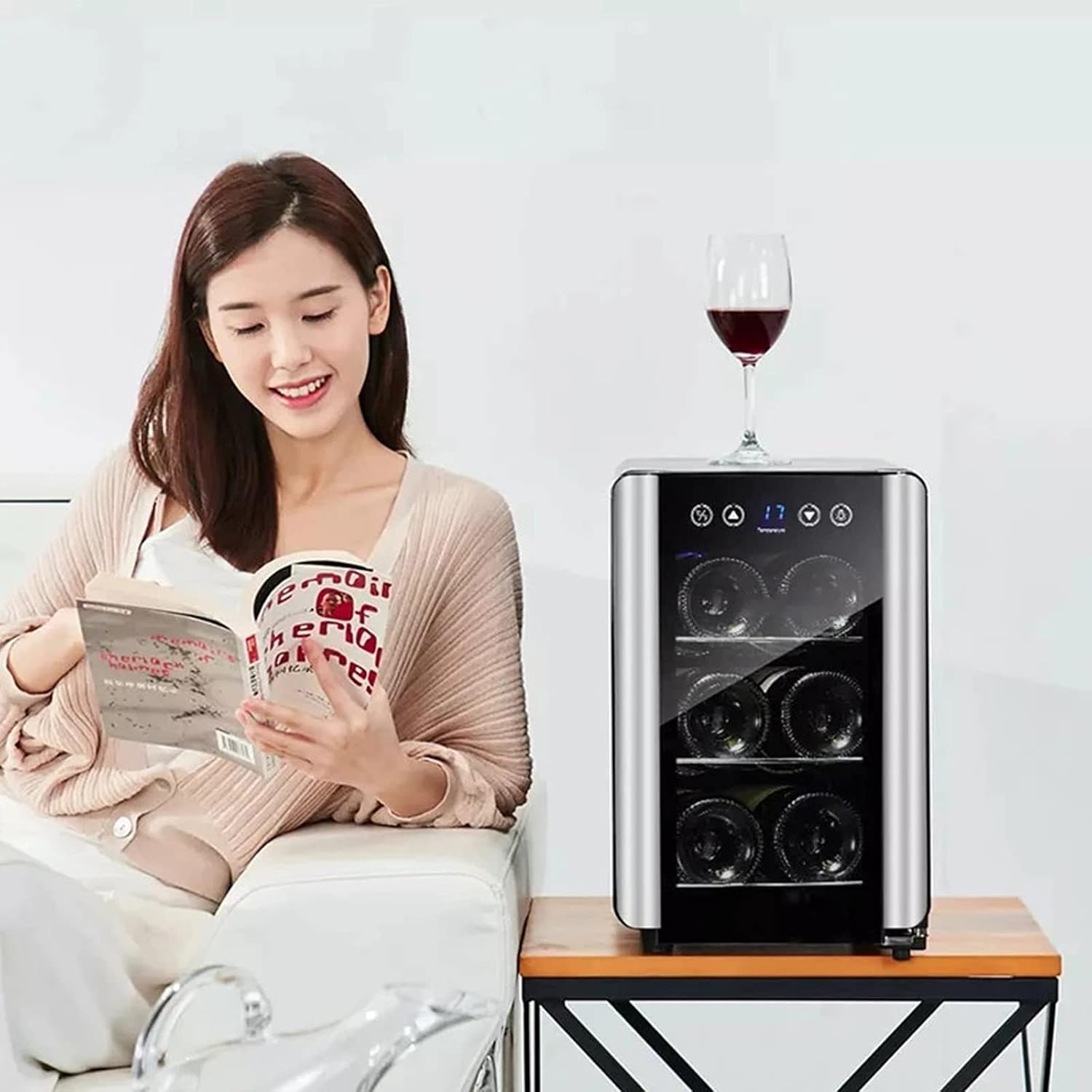 6-Bottle Countertop Wine Cooler Refrigerator - White & Red Wine Fridge Chiller Countertop Wine Cooler - Freestanding Compact Mini Wine Fridge Digital Control, Glass Door