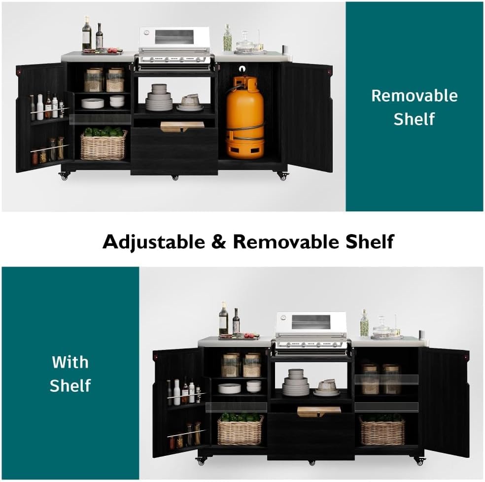 66.5" Outdoor Kitchen Island for Big Green Egg Grills, Solid Wood Outdoor Grill Cart with Wheel, Stainless Steel Top, Drawer, Compatible with Large Big Green Egg, Kamado Joe (Black)