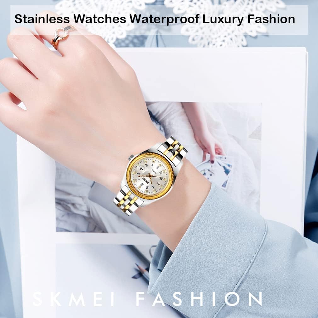 SKMEI Watches for Women Ladies Female Stainless Dress Luxury Business Classic Fashion Analog Quartz Waterproof Simple Day Date Wife Girls Gifts Gold Silver Wrist Watch - Image 2