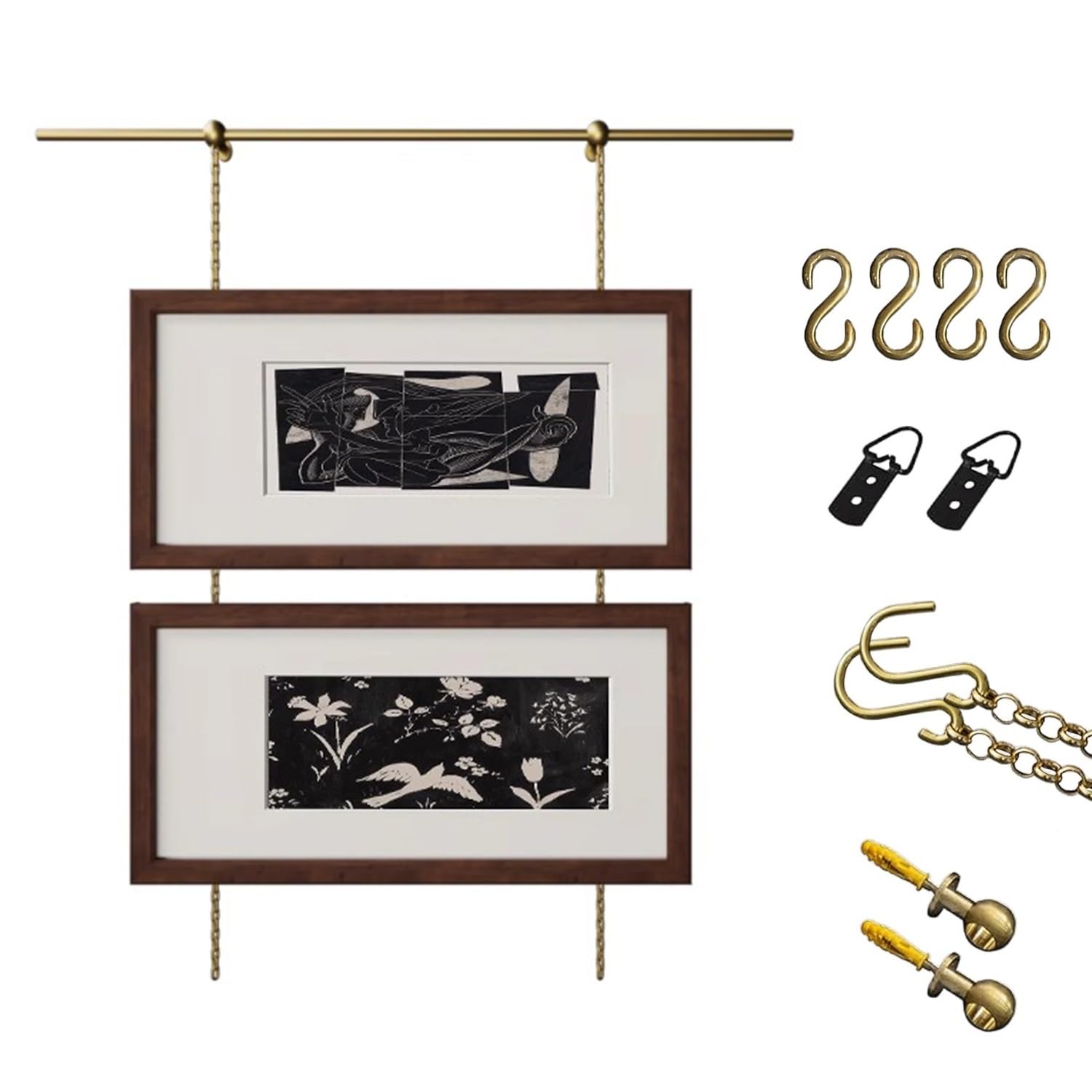 Cimaise pour Tableau Système de Suspension Cimaise En Laiton Doré, Tige et Chaînes D’Affichage D’Œuvres D’Art pour Murs en Ciment Béton Plâtre, Câble 3 ft (1 m)(225cm/89in)