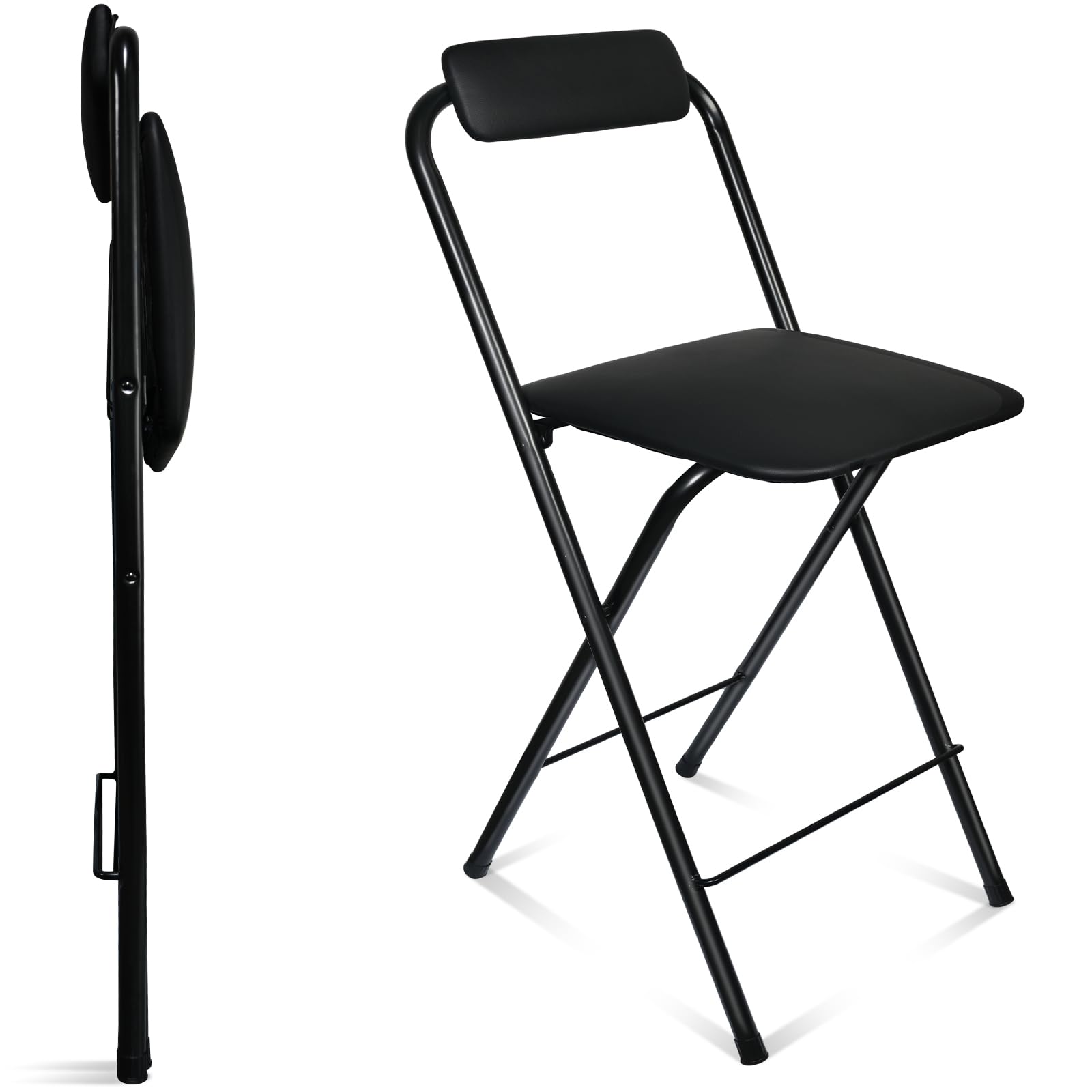 Folding Bar Stool with Back, Tall Foldable Stool Chair Portable Adult Collapsible Stools Counter Height Seat Leather Padded Kitchen Shop Cafe 1PCS 25.4 inch