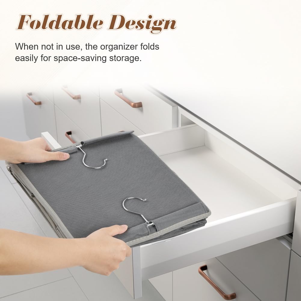 AOOWU Organizer Armadio, Organizzatore Armadio Pieghevole, Organizer da Appendere con Ganci in Metallo, con 6 Scomparti con 2 Tasche Laterali a Rete per Vestiti, Maglie, Asciugamani e Scarpe