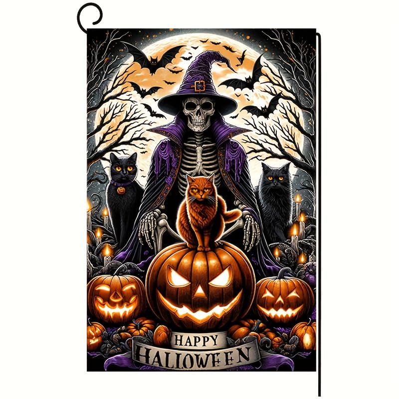 Image of Blissyard Halloween Garden Flag - Double Sided 12x18 with Ghost, Skull, Wizard, Skeleton Cats, Pumpkins, Bats - Spooky Outdoor Scary Yard Decor