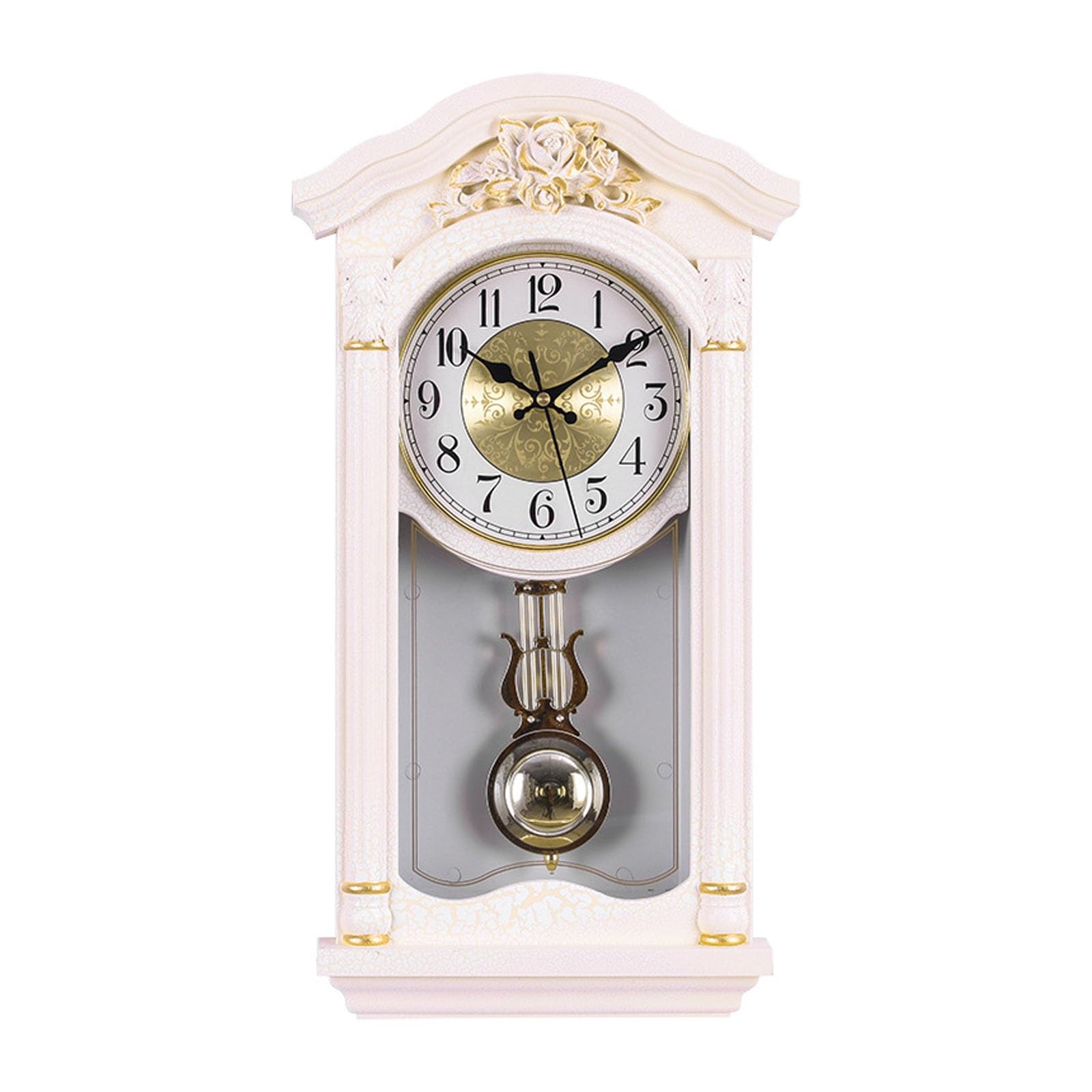 VNVFJKLO vintagewall clock, Traditional Chiming Pendulum Wall Clock,with Battery hree-dimensional Carving Fireplace(White)