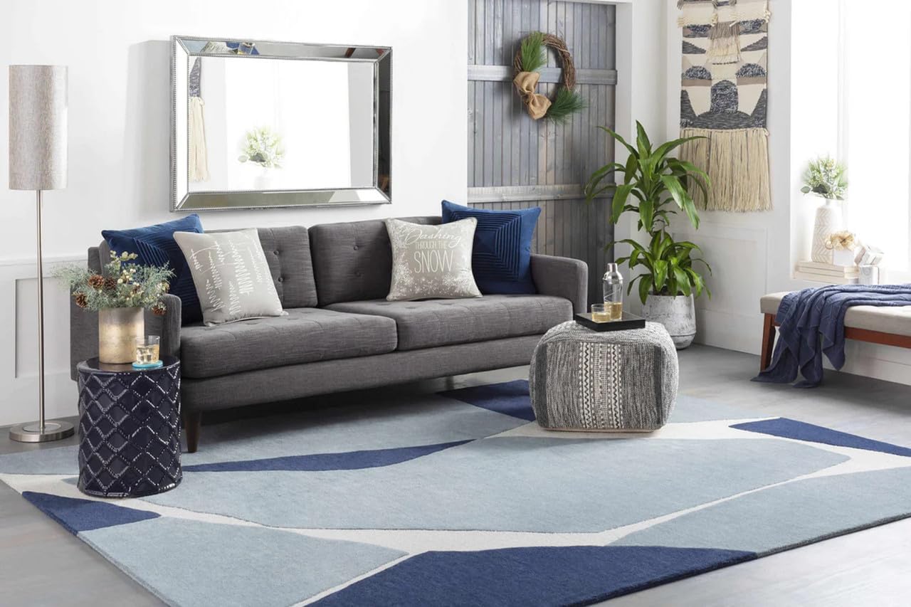 Modern Abstract Blue Area Rug 9x12 ft | Geometric Hand Tufted Living Room Carpet
