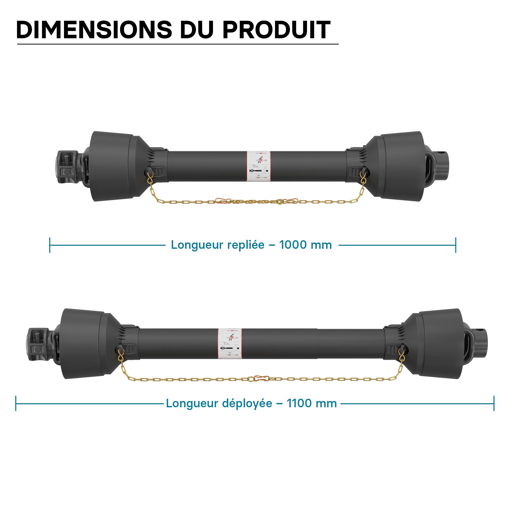 WilTec Arbre Transmission T4 cardan - Longueur 1000-1100 mm / 1 3/8" 6 Dents & 35 mm Rond, Broche 13 mm / 460 Nm / 540 TR/Min / 40 KW (55 CV) - Prise de Force agricole