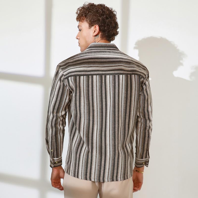 Image of CAHOOT Men's Multitrack Striped Oversized Shirt for Casual Wear | Spread Collar | Long Sleeve | Button Closure | Oversized Shirt Crafted with Comfort Fit for Everyday Wear