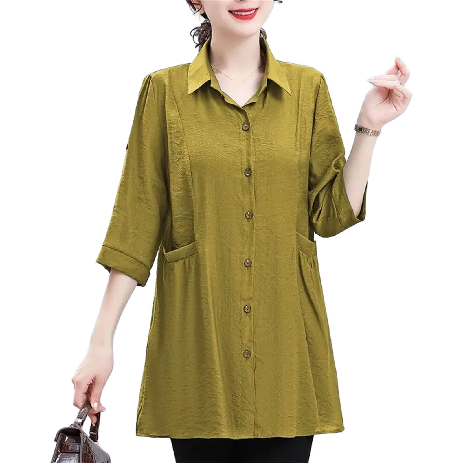 Camicetta da donna casual tinta unita midi monopetto colletto rovesciato maniche 3/4 tasche camicetta