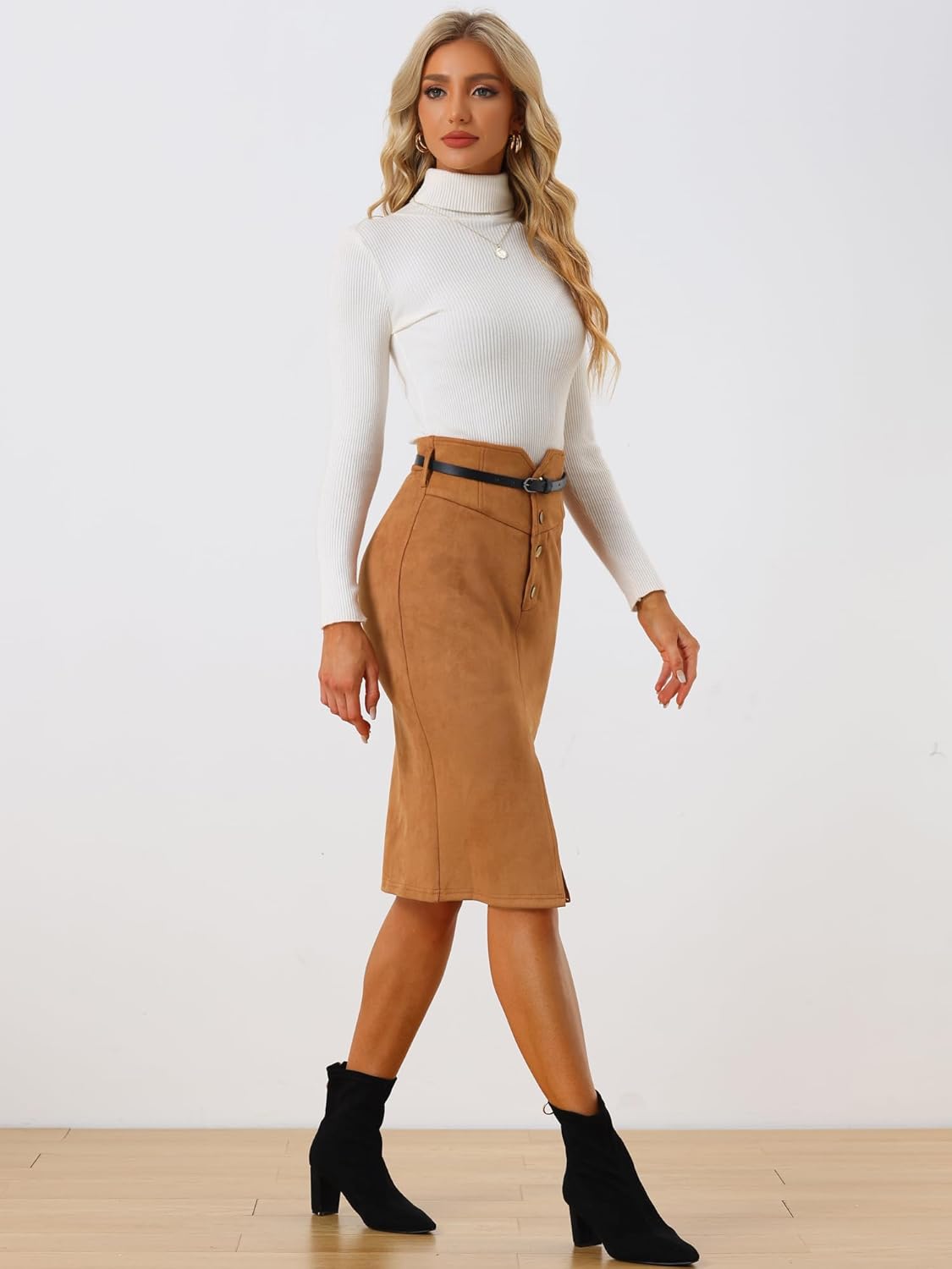 Allegra K Faux Suede Skirt for Women's High Rise Button Front A-line Slit Skirt - Image 4