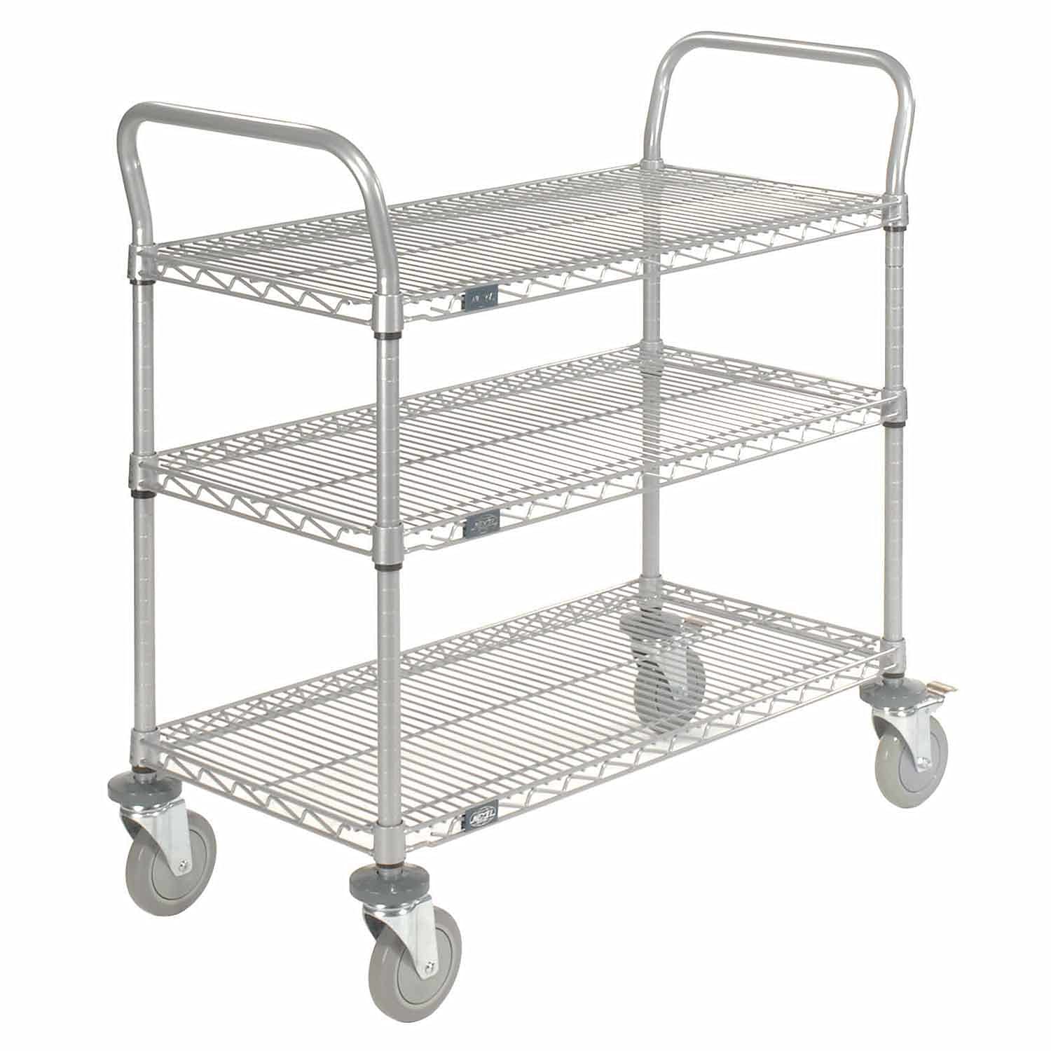 Wire Shelf Utility Cart with Brakes by Nexel – 24"L x 24"W x 38"H, 12-Gauge Steel, Silver Epoxy Powder, Model 2436P3EPB