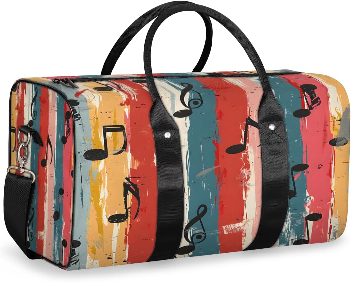 Vintage Striped Musical Notes Travel Duffel Bag for Women Men Large Capacity Overnight Weekender Bags for Lightweight Waterproof Sport Gym Bag for Workout Yoga Swim