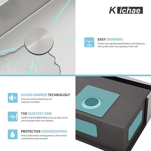 Miniatura 7 de Kichae 33 Farm Sink Double Bowl - Delantal de fregadero de granja de 33 pulgadas, delantal frontal de doble tazón, acero inoxidable 5050, calibre