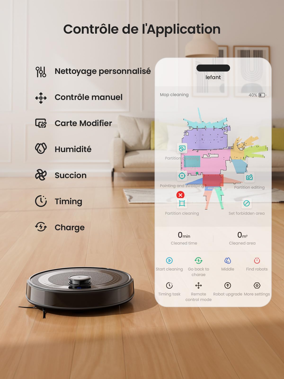 Lefant M2 Robot Aspirateur Laveur, Navigation Laser, Aspiration de 6000Pa, Technologie d'évitement PSD, Cartographie, Nettoyage Personnalisé, Autonomie de 160 Minutes, Contrôle Via APP/Alexa/WiFi