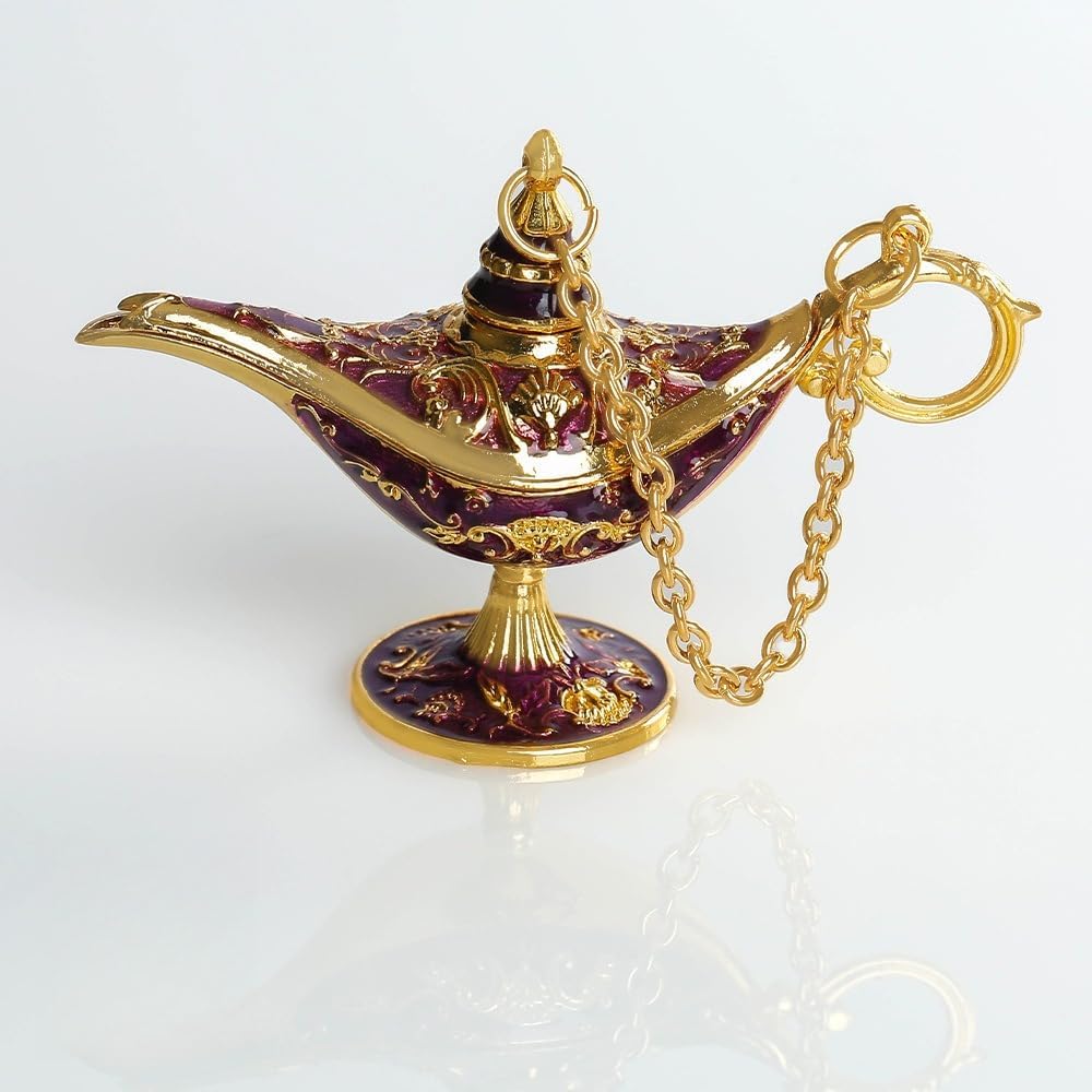 Vintage Magic Lamp Decor, Alloy Craft with Engraved Patterns for Themed Home Office Desk Mantel Decoration (Purple)
