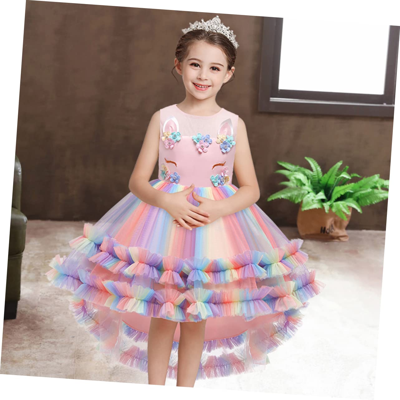 PACKOVE Abito Principessa Unicorno per Bambina, Vestito Rosa in Cotone e Garza, Morbido e Ben Rifinito per Festa e Cerimonia, 130cm