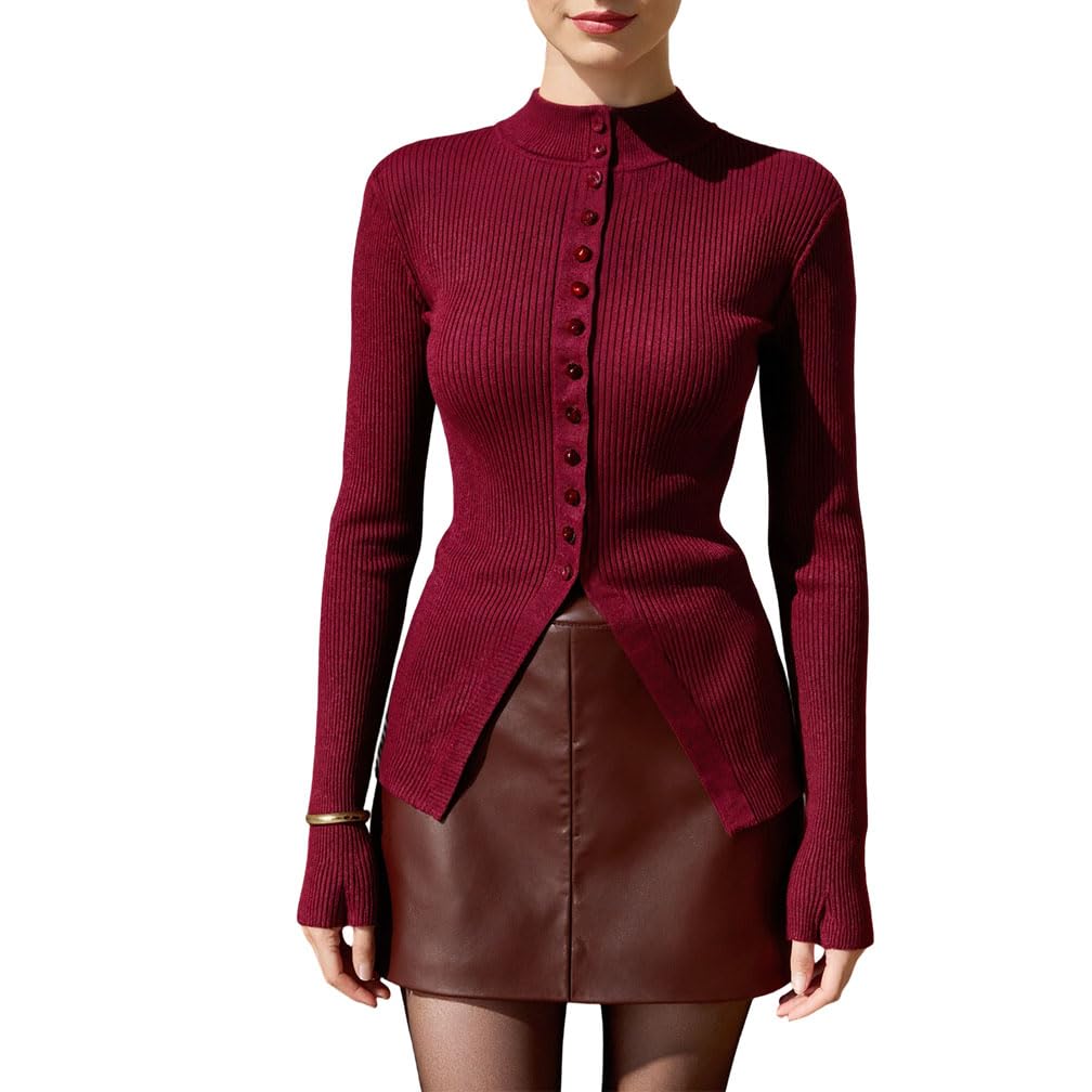 Women Trendy Mock Neck Button Front Ribbed Knit Cardigan Open Front Slit Hem Slim Fit Long Sleeve Sweaters