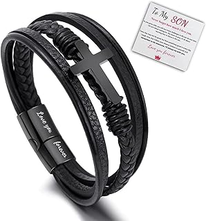 To My Son Bracelet from Mom, Mom and Son Braided Leather Stainless Steel Inspirational Wristband Bracelets Christmas Graduation Birthday Back to School Gifts for Son Grandson Gifts Jewelry