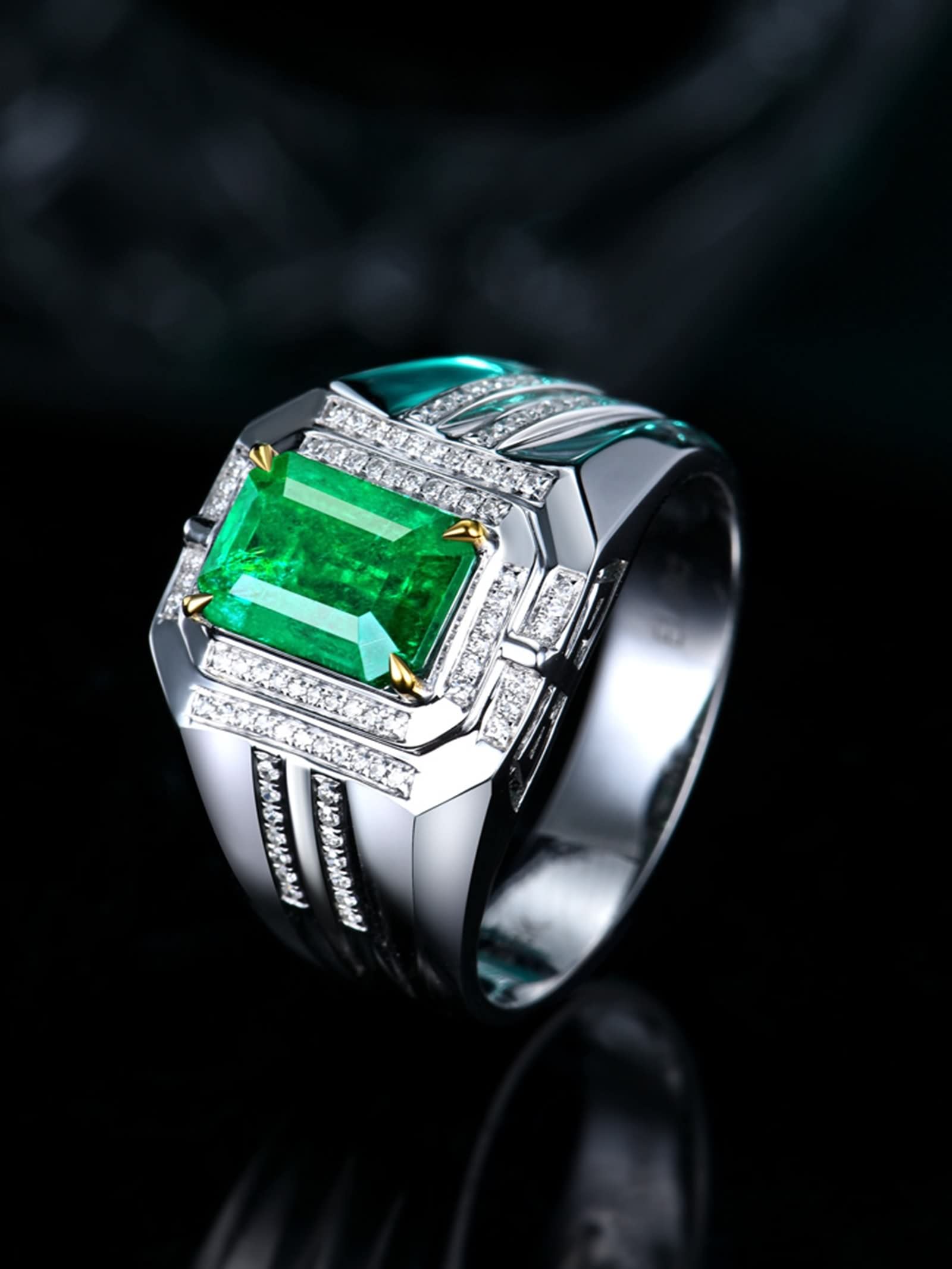 AMDXD Anillo para hombre de oro 750 plata de ley 925, laboratorio rectangular, esmeralda de 1,5 quilates con moissanite de 0,22 quilates, anillo solitario, anillo de compromiso, joya auténtica,