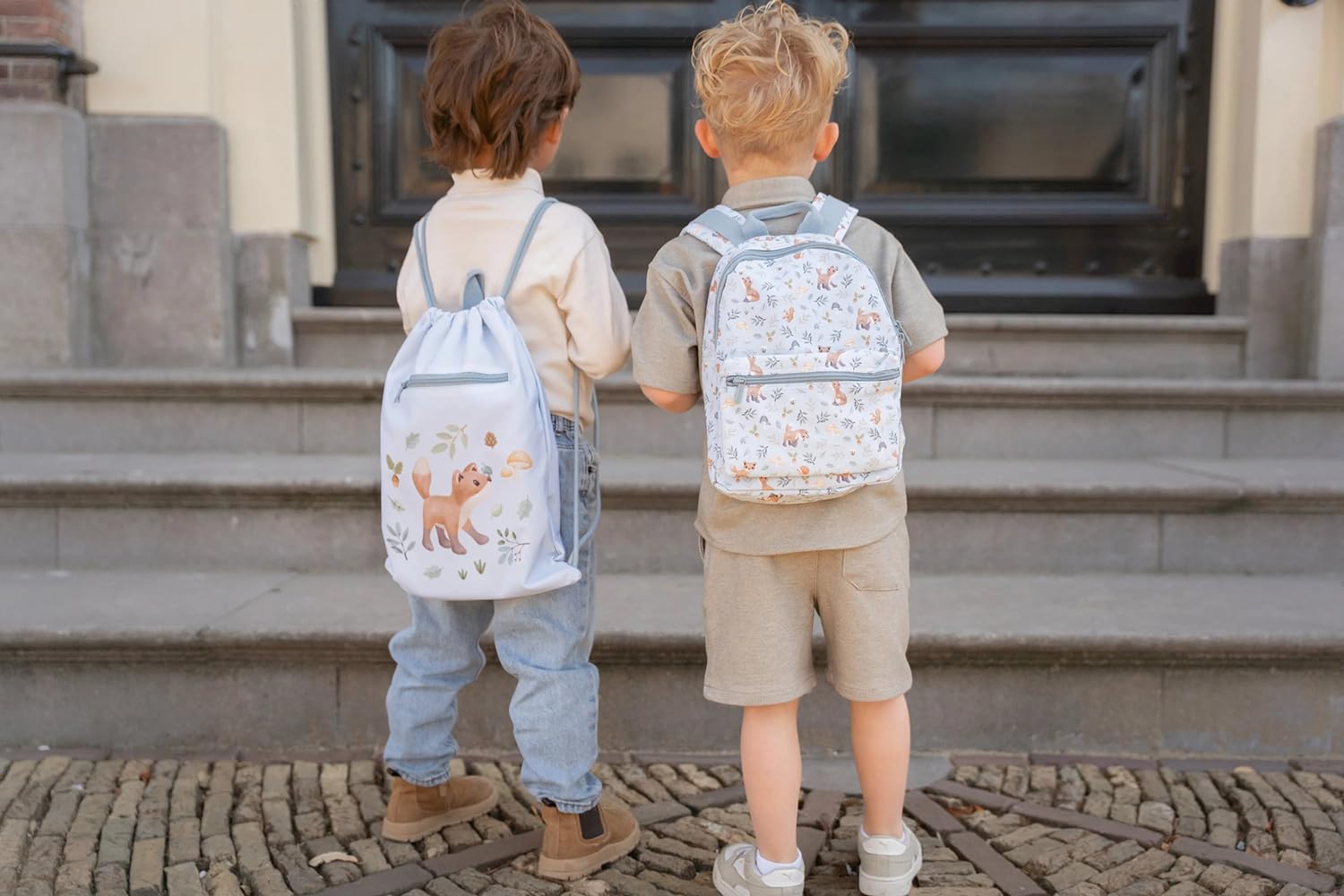 Little Dutch Set Rucksack, Turnbeutel & Brotdose & Trinkflasche Pop-up für Kinder blau - Forest Friends