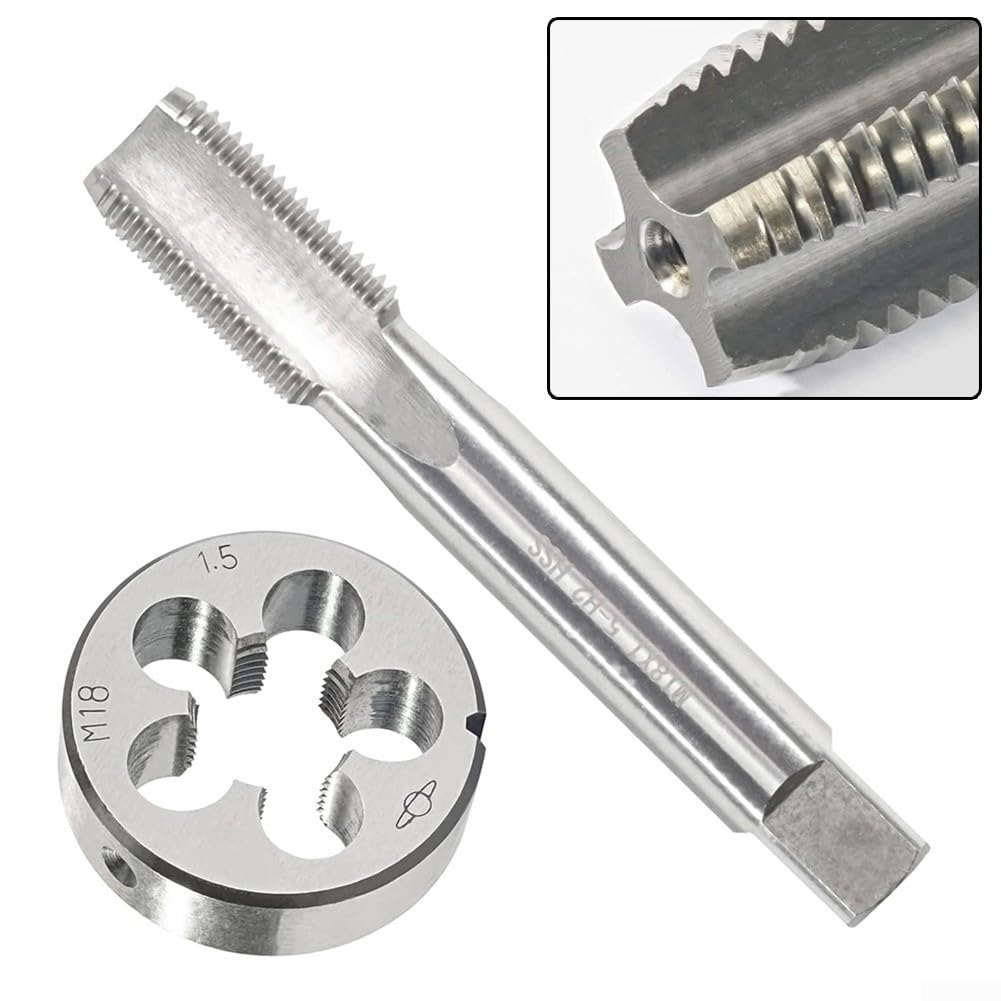 Zestaw gwintowników i narzynek, gwintowniki i narzynki do gwintów okrągłych, gwintowniki HSS M18x1,5 mm, gwintowniki M18x1,5 mm, gwinty metryczne prawe do obróbki stali, naprawa gwintów