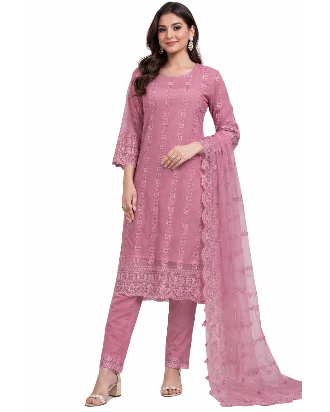 Women’s Net Embroidered Kurti Set with Pant & Dupatta | Straight Kurta Set with Heavy Thread Work Dupatta-picture-15