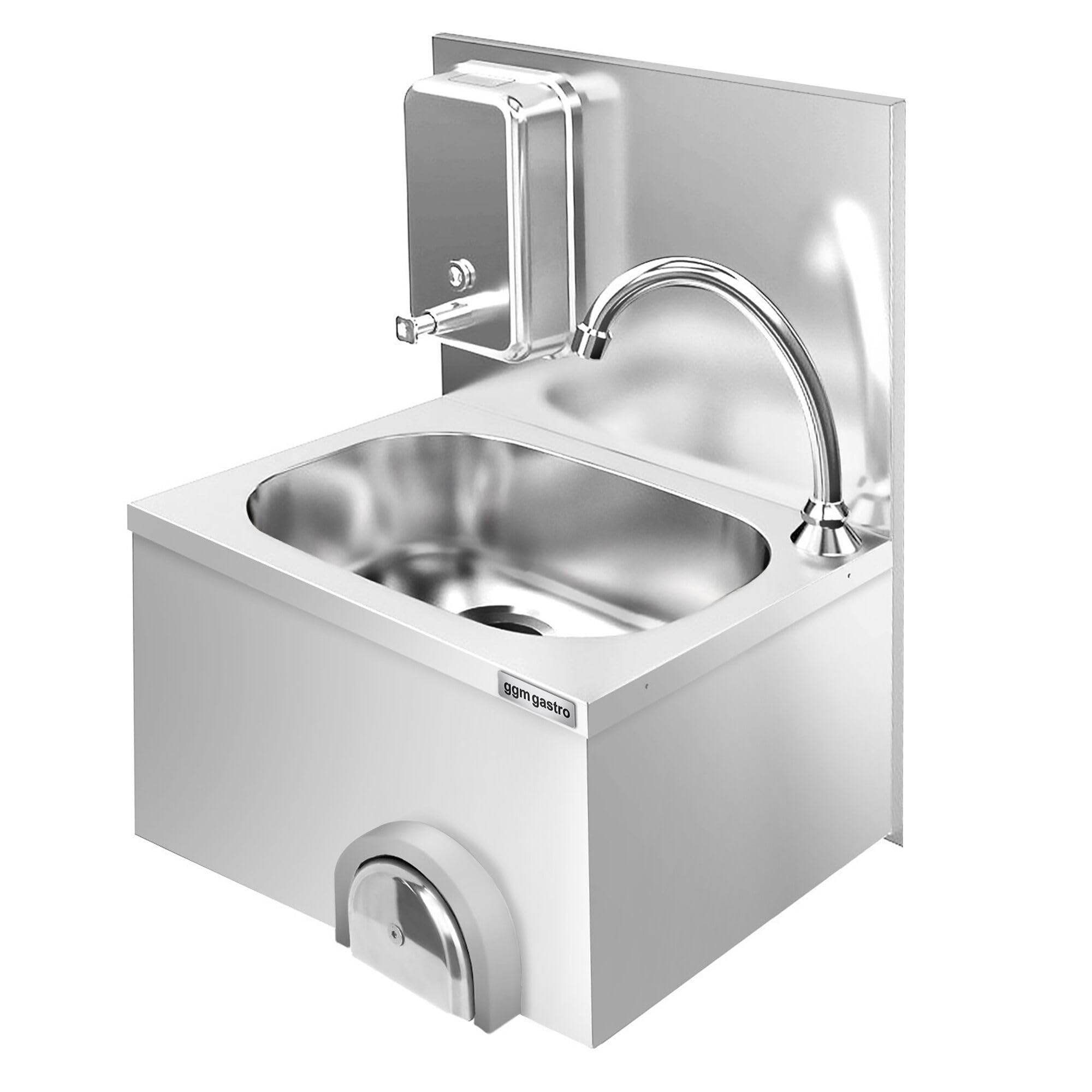 Handwaschbecken - Edelstahl - mit Wasserhahn, Kniebedienung & Seifenspender | Hygienische Kniebedienung, robuster Edelstahl AISI 304, einfache Wandmontage, integrierter Seifenspender, pflegeleicht