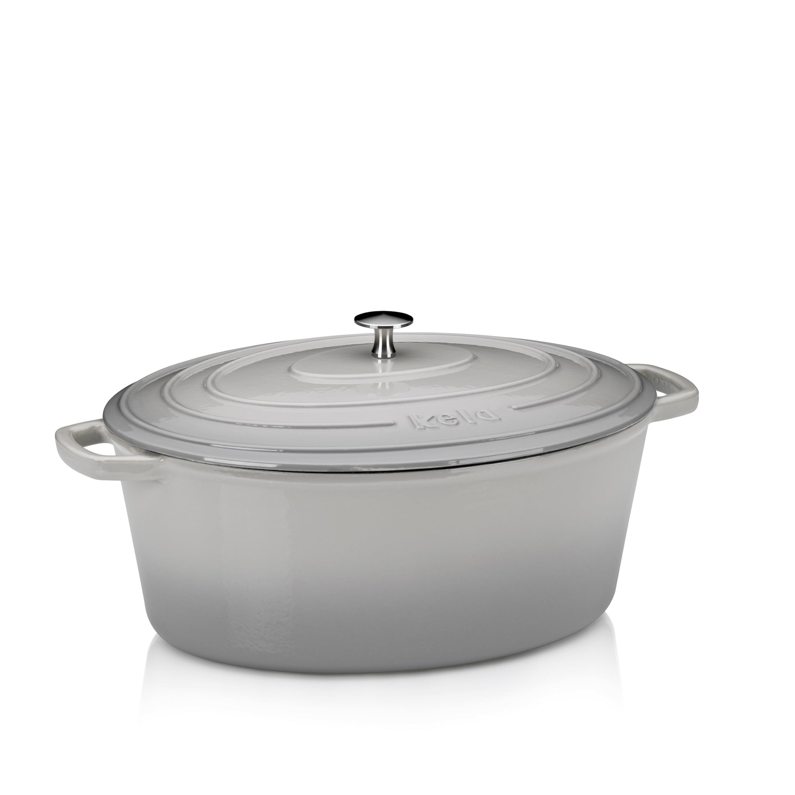 kela Bräter Gusseisen oval 9,3 Liter, Dutch Oven CALIDO, Induktion Gussbräter mit Deckel backofengeeignet, Gusseisen Topf emailliert, hellgrau
