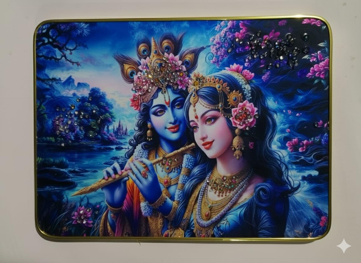 Radha Krishna Wall Art, Blue, Gold Border, Hindu Religious Theme, Decorative Poster-image-23