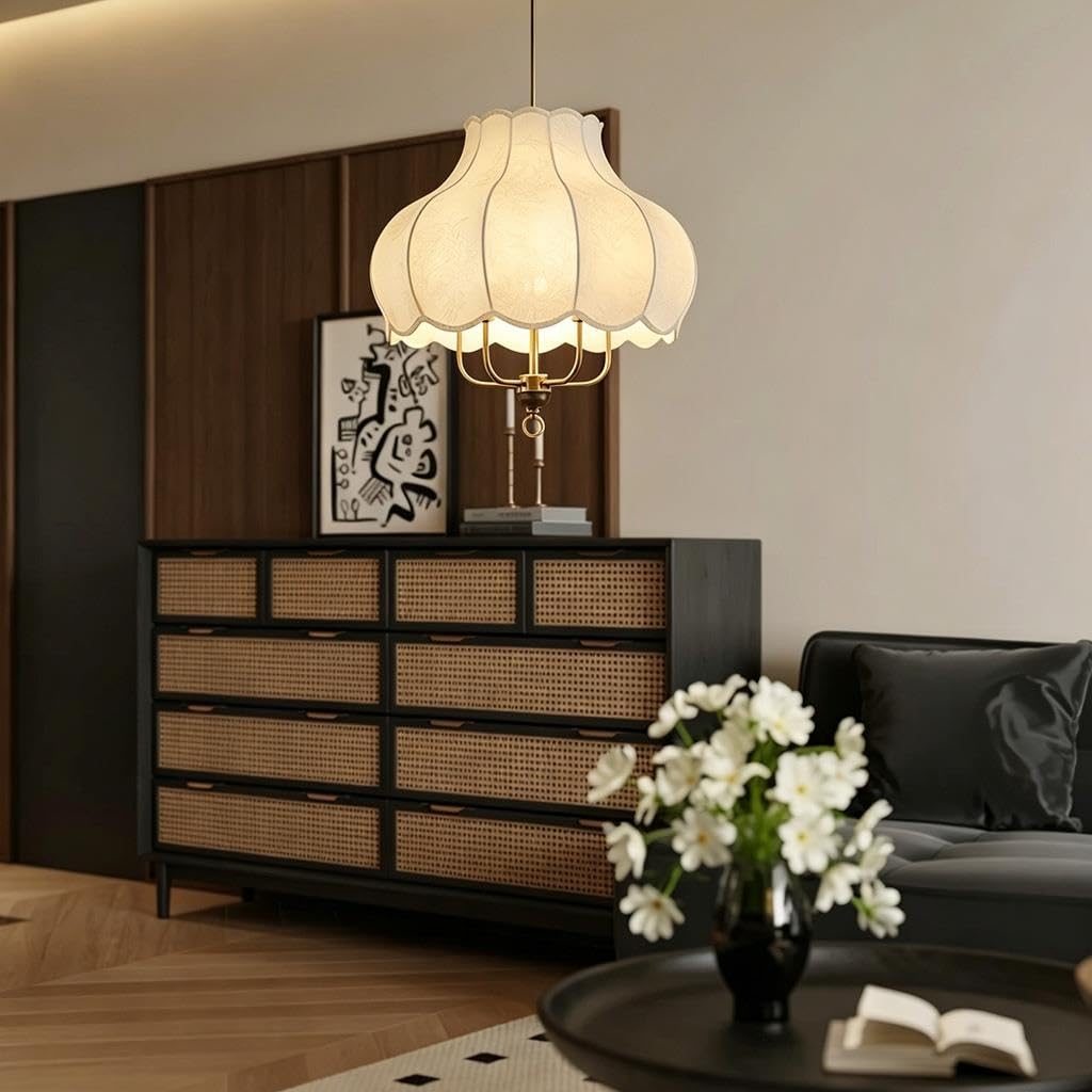 Design vintage francese a petali Plafoniera e dettagli in tessuto in stile cinese Lampada a soffitto Bianco sporco Ferro Altezza regolabile E27 lampadina non inclusa camere letto sale